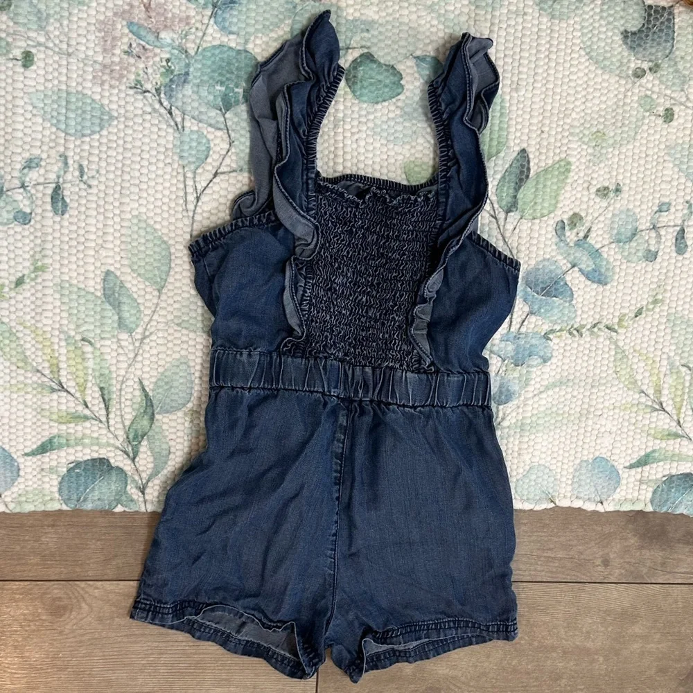 Vintage OshKosh B'gosh Toddler Girl Blue Denim Sleeveless Ruffle Smocked Romper